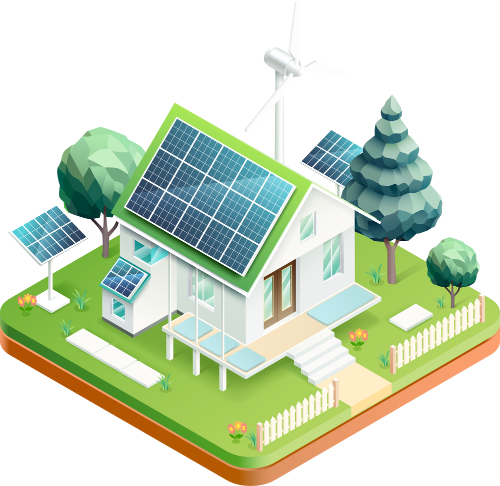 house with solar cell system isometric illustration